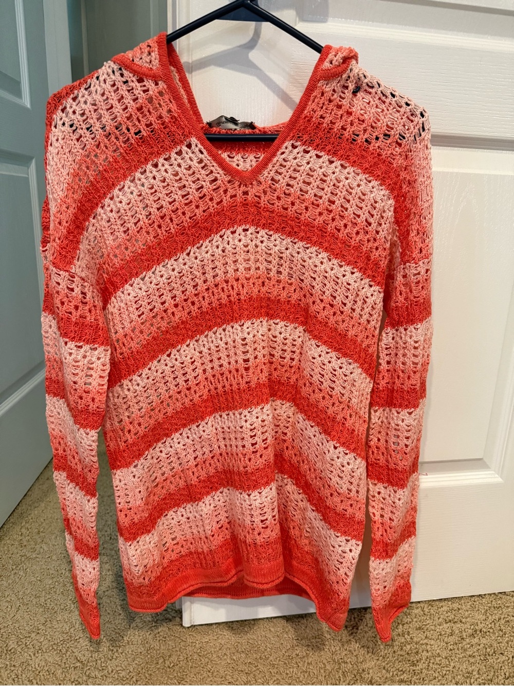 Tommy Bahama Coral and Cream Striped Open-Knit V-Neck Sweater